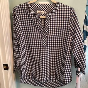 Vineyard Vines gingham blouse with tie sleeves.